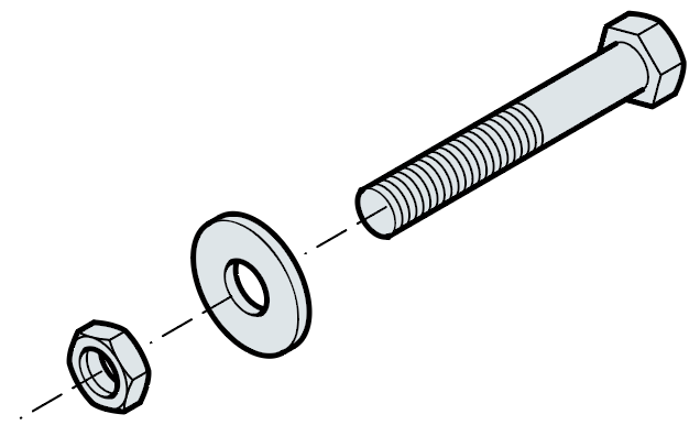 nut, washer, and bolt