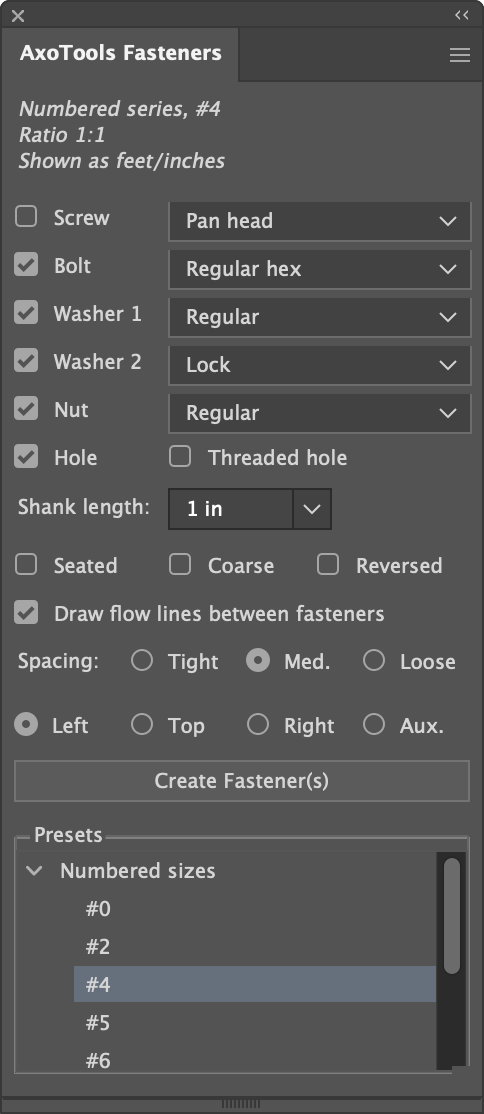 AxoTools Fasteners panel