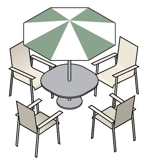 table, chairs, umbrella